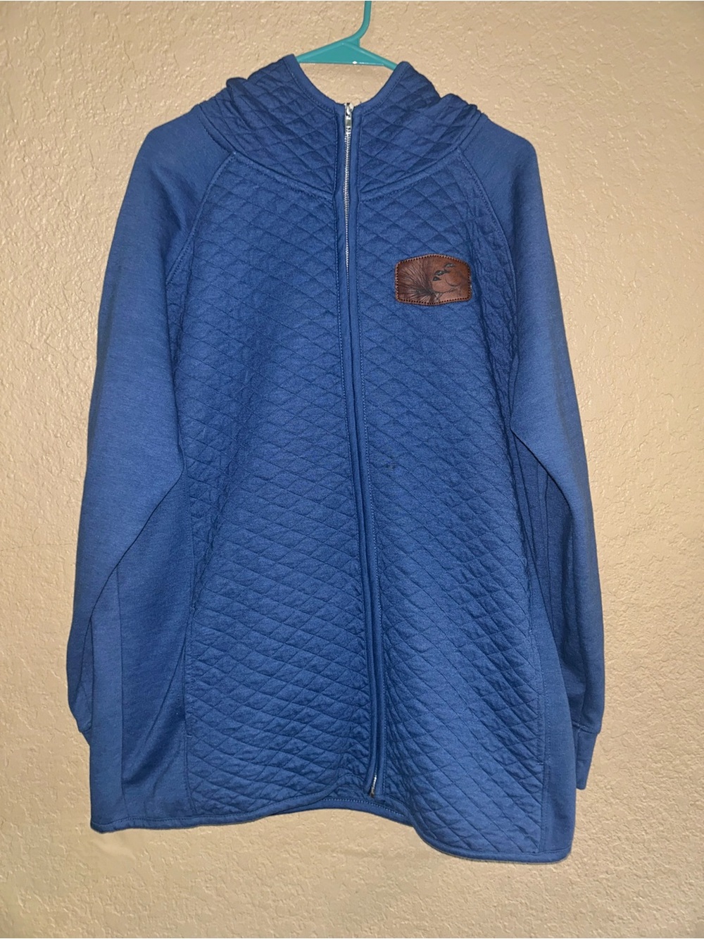 Quilted Hooded Zip Sweatshirt in Blue with Patch Detail
